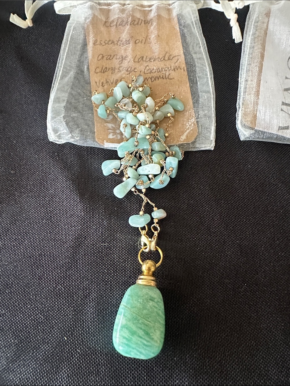 Handmade Mint Green Stone Pendant Necklace with Gold Accents